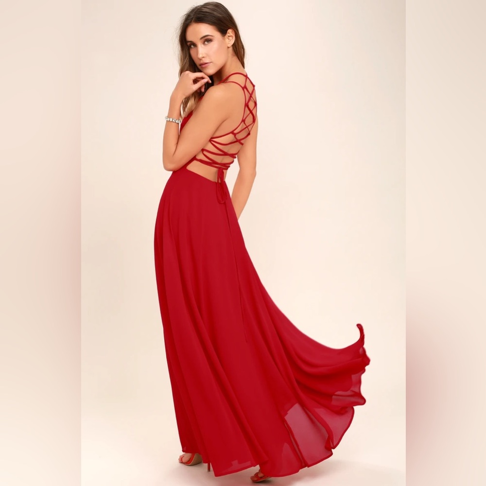Lulus Strappy To Be Here Red Lace-Up Maxi Prom or Wedding Guest Dress, XS, Red